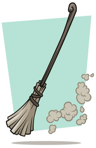卡通灰色扫帚清洁与木柄和灰尘在蓝色背景。矢量图标