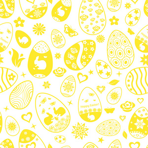 复活节彩蛋，黄色白色衬底上的无缝模式