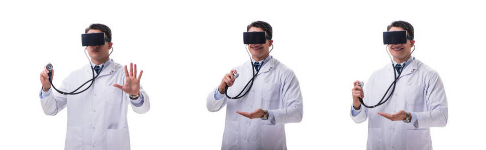 医生穿上白色坝孤立的 vr 虚拟现实耳机