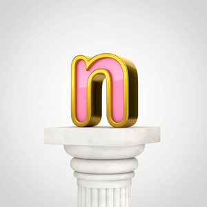 金色字母 N 小写, 3d 渲染粉红色字体与金色轮廓在白色的背景上隔离的白色柱子上