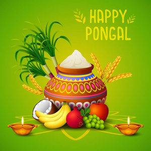 愉快的 pongal 贺卡的向量例证在绿色背景