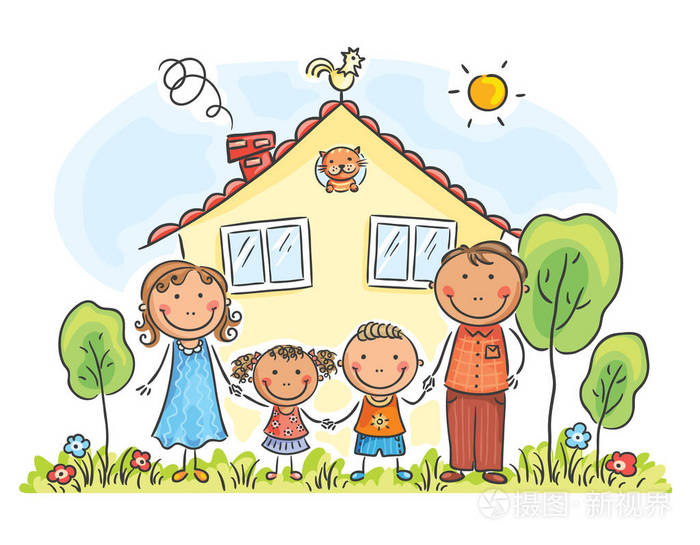 家庭与两个孩子在他们的房子附近, 卡通图形