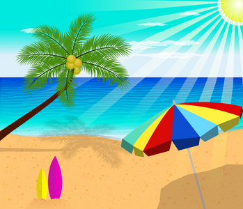 地处热带的海滩和棕榈树矢量图图片