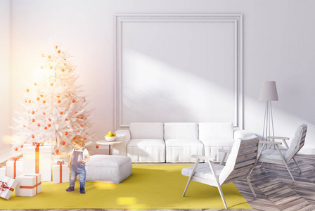 可爱的小男孩看着礼物在白色墙客厅, 木地板, 黄色地毯, 白色沙发和扶手椅。装饰圣诞树与礼物在角落里。色调图像