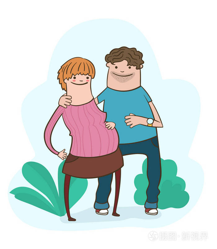 怀孕的妻子和她的丈夫在一起年轻快乐的情侣动画片风格的家庭向量例证