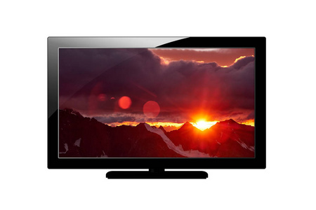 现代空白平面屏幕普拉泽玛电视机。在白色背景下隔离。带有山脉图像的屏幕