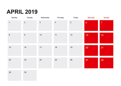 2019月历设计。星期从星期一开始。矢量插图