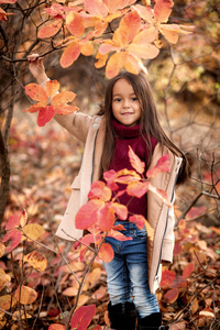 小女孩玩秋天的落叶