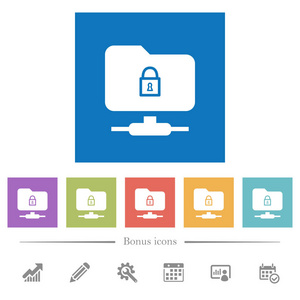 ftp 锁定方形背景中的扁平白色图标。包含6个奖金图标