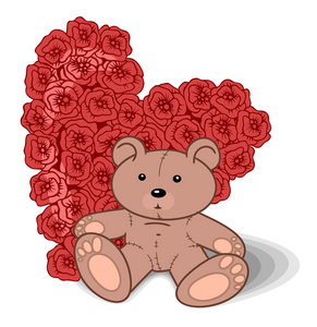 情人节熊与红色花玫瑰和心