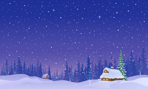 森林中一个雪夜村的向量卡通画照片
