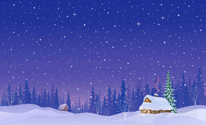 森林中一个雪夜村的向量卡通画