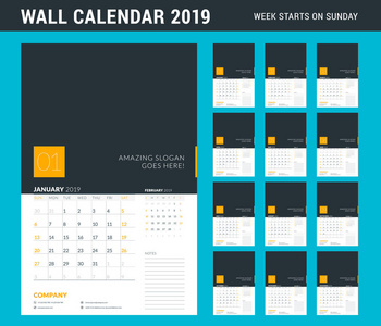 2019年的挂历规划模板。设置12月。星期从星期日开始。矢量插图