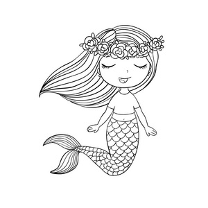 素描手画与黑色线隔离在白色背景上留着长头发的漂亮可爱的卡通美人鱼