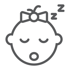 女婴睡眠线图标, 儿童和面孔, 女孩标志, 矢量图形, 白色背景上的线性模式