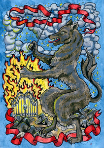 狗和地狱之门.手绘的幻想图表例证.