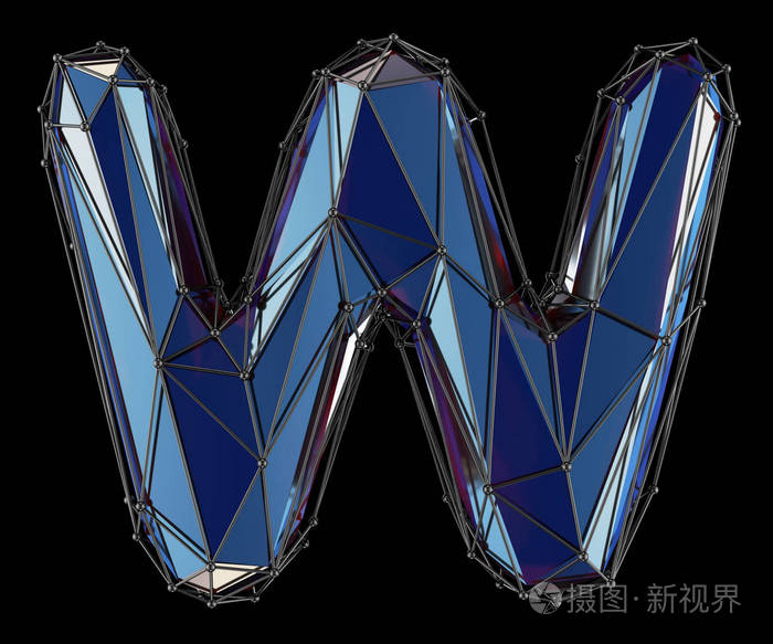 大写拉丁文字母 w 在黑色背景下的低聚型蓝色颜色隔离