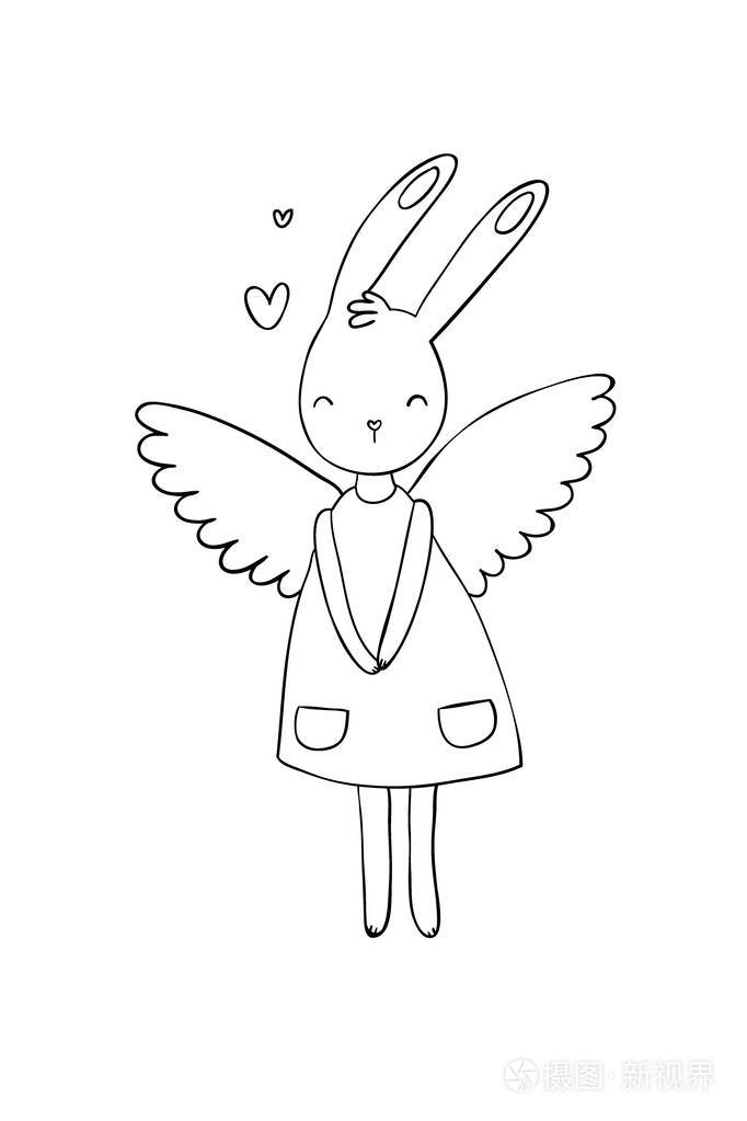 漂亮的卡通兔子女孩穿一件衣服带翅膀的兔子
