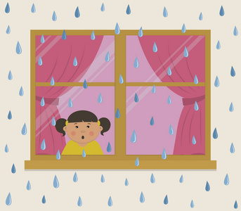 房间查看在雨天有粉红色窗帘的窗口.房间里的一个小女孩惊奇地看着雨.