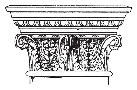 科林斯壁柱顶端资本, bucrania, 赃物, 花环, 檐口, modillions, 复古线画或雕刻插图