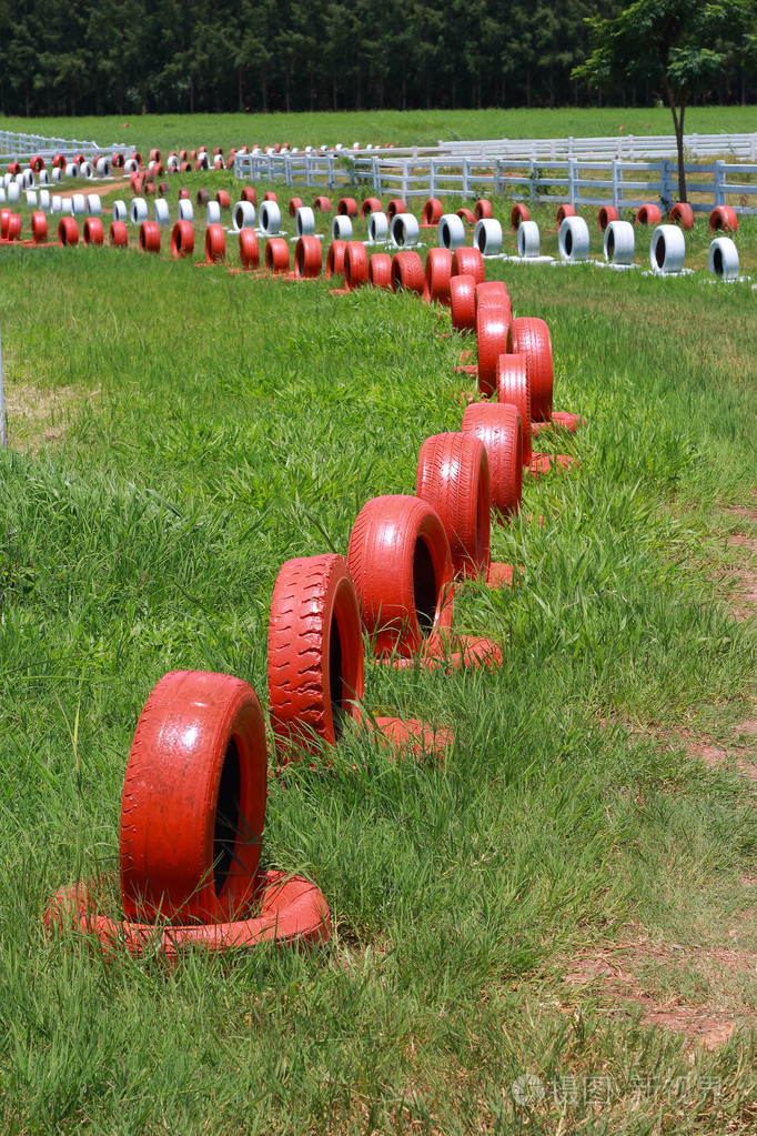 在绿色的草地上备用轮胎
