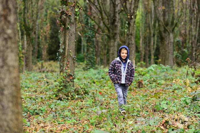 可爱的孩子在森林里散步.秋日的男孩玩耍.我喜欢秋天