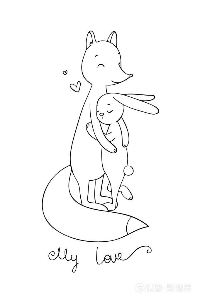 可爱的卡通狐狸和兔子快乐的动物