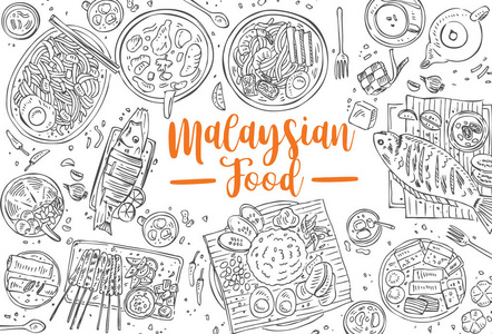 手工绘制马来西亚食品涂鸦, 矢量
