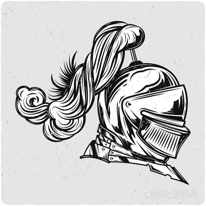 骑士.黑白插图.光背景与垃圾噪声和框架隔离