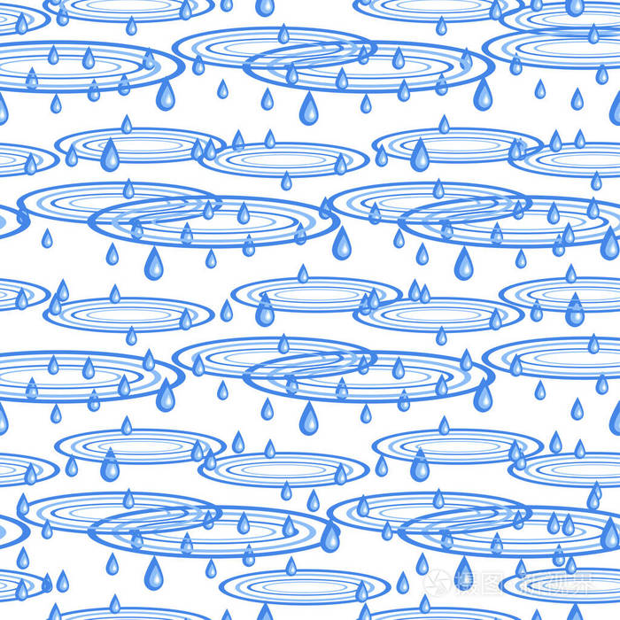 在水面上的圆圈 下降 雨 背景 壁纸 无缝 蓝色 在白色背景上插画 正版商用图片0atni7 摄图新视界
