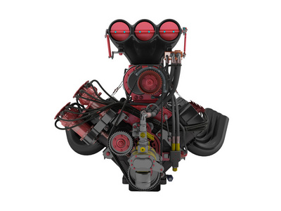 红色发动机与增压器前视图3d 渲染白色背景无阴影