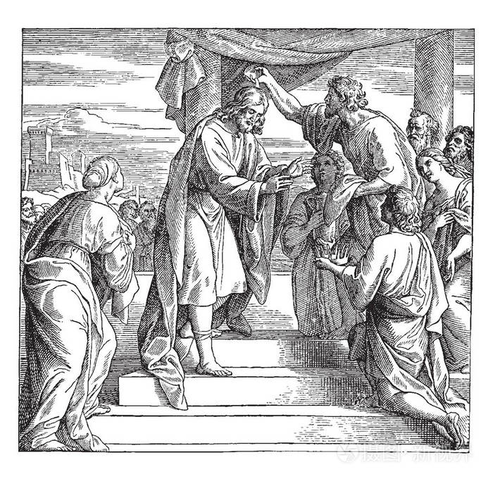 大卫膏王在以色列这一幕显示一个老人拿着油角并在国王的头上涂油和