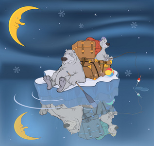 冰山下北极熊北极熊在浮冰上的家庭.卡通照片