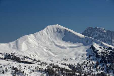 在冬天的时候多洛米蒂山巨大的全景视图