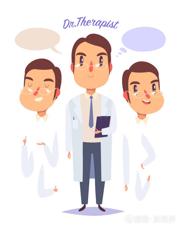 医务人员的性格年轻的医生穿着制服的心理医生在平面卡通风格的孤立的