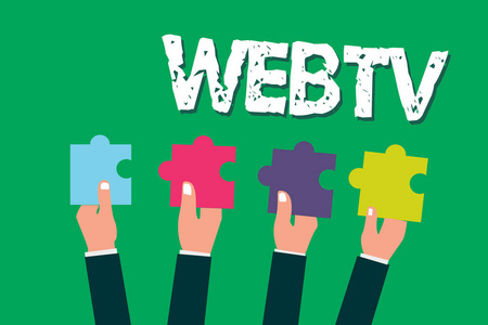 字文字 Webtv。互联网传输程序的商业概念, 在网上和传统上产生