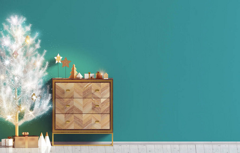 现代圣诞节内饰与梳妆台和圣诞树, 斯堪的纳维亚风格。墙上的模拟。3d 插图