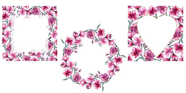 粉红色的花的水彩花束。花植物学花。框架边框装饰正方形