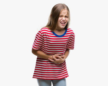 年轻漂亮的女孩在孤立的背景下, 手放在胃里, 因为消化不良, 痛苦的