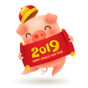 中国卷轴2019的小猪。农历新年。猪的年。中国生肖 猪中国历法上的2019年象征