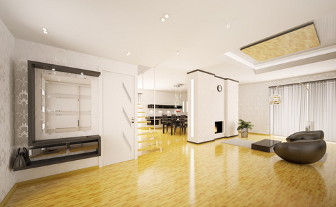 现代公寓 3d 渲染的内部