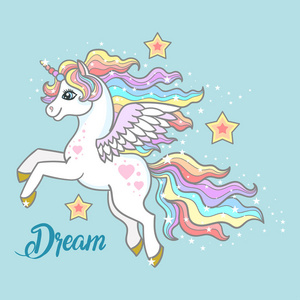 卡通, 小, 彩虹独角兽之间的蓝色背景的明星.向量照片