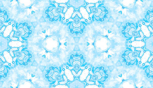 蓝色无缝图案。惊人的微妙肥皂泡。花边手工画的纺织品装饰品。Kaleidos