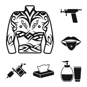 纹身,绘制在身体的黑色图标集收集设计。纹身沙龙和设备矢量符号股票网站插图