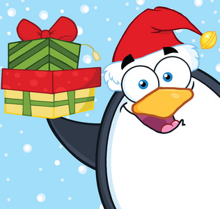 微笑着举起一堆礼物的企鹅字符