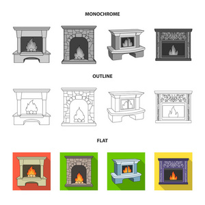 火, 温暖和舒适。壁炉集合图标在平面, 轮廓, 单色风格矢量符号股票插画网站
