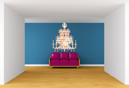 画廊的大厅与紫色沙发和枝形吊灯剪影