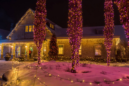 晚上的照片。房子和树木装饰着新年的光辉花环, 雪飘来绕去