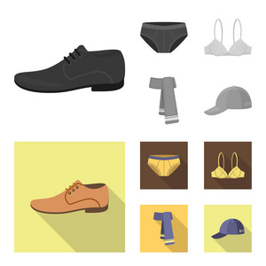 男鞋, 胸罩, 内裤, 围巾, 皮革。服装套装集合图标单色, 平面式矢量符号股票插画网