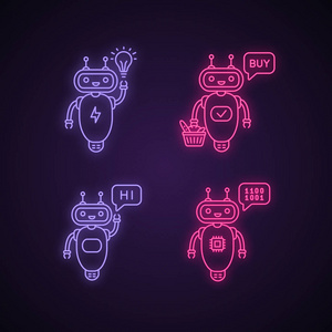 Chatbots 霓虹灯图标集, 现代机器人